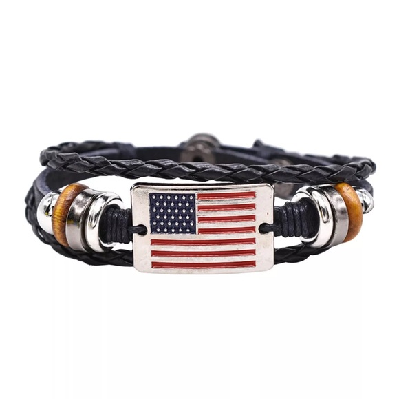 Vintage American Flag Snap Buckle Braided Leather Bracelet Red White Blue SALE - Picture 6 of 14
